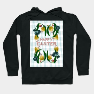 Happy Easter Floral Wreath with Daffodils, Mushrooms, and Ladybugs on Plaid | blue, yellow Hoodie